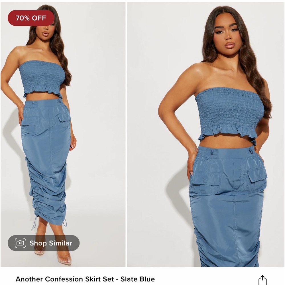 Two piece cropped top with long cargo skirt.